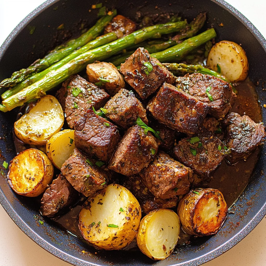 Recipe preparation for Roasted Garlic Herb Steak Tips with Vegetables