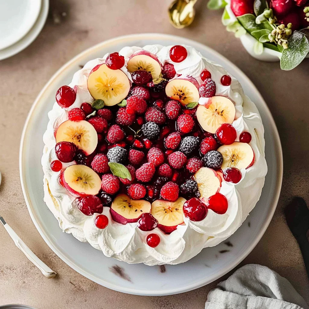 Recipe preparation for Pavlova with Winter Fruits