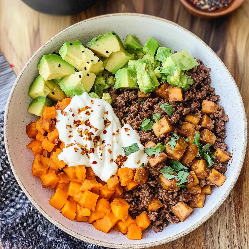 Recipe preparation for Ground Beef Sweet Potato Power Bowl