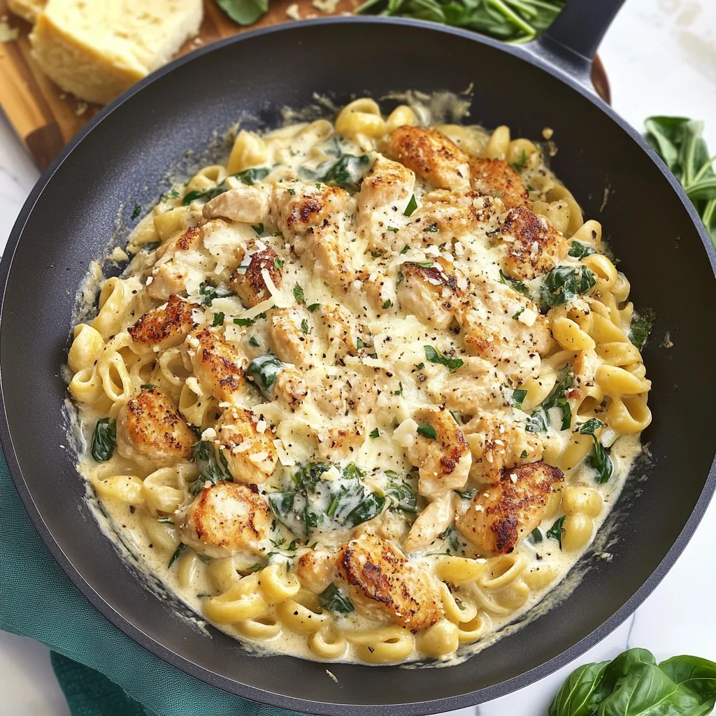 Recipe preparation for Creamy Spinach-Artichoke Greek Chicken Alfredo Recipe