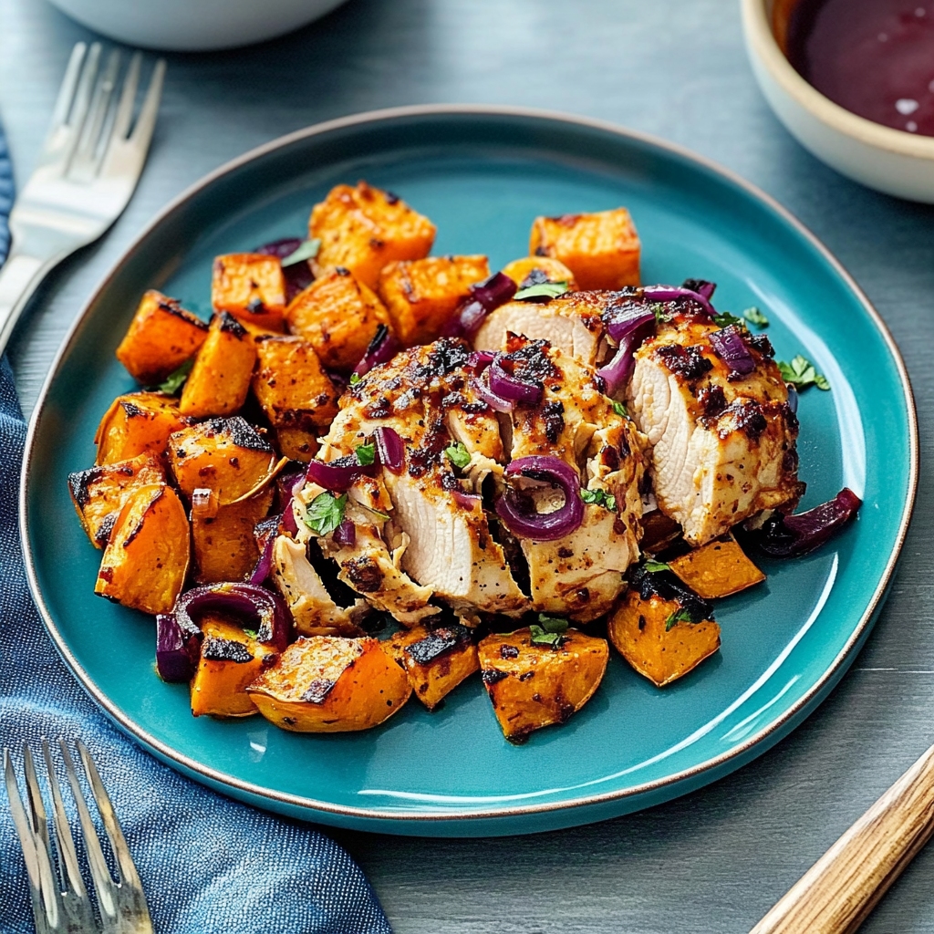 Recipe preparation for Sheet Pan BBQ Chicken and Sweet Potatoes