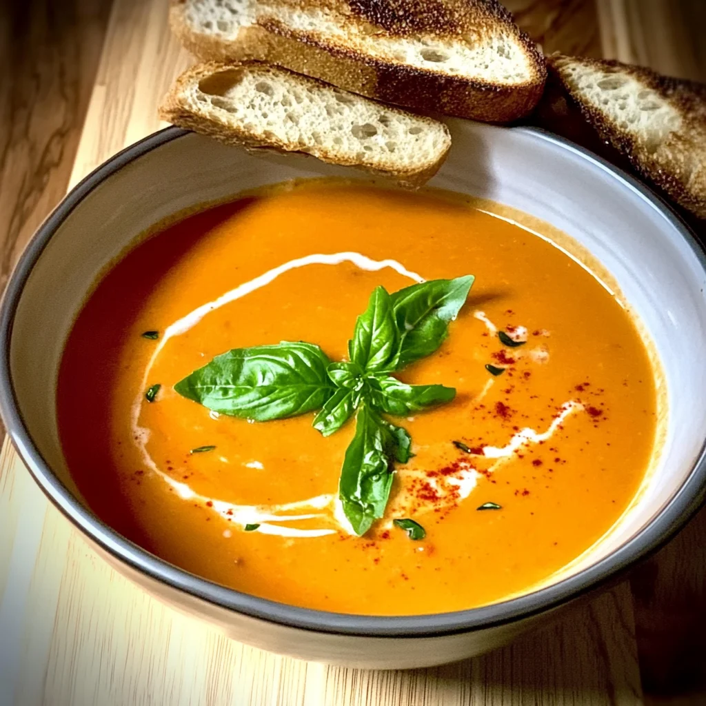 Recipe preparation for Creamy Roasted Red Pepper & Basil Soup