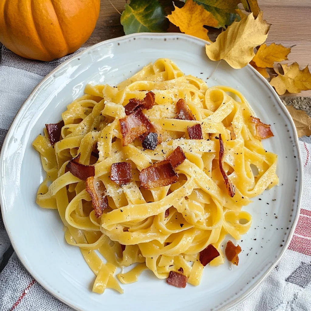 Recipe preparation for pumpkin carbonara pasta with crispy pancetta