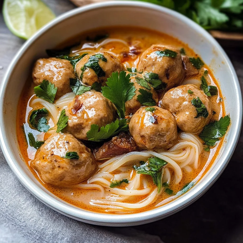 Recipe preparation for thai coconut meatballs with rice noodles