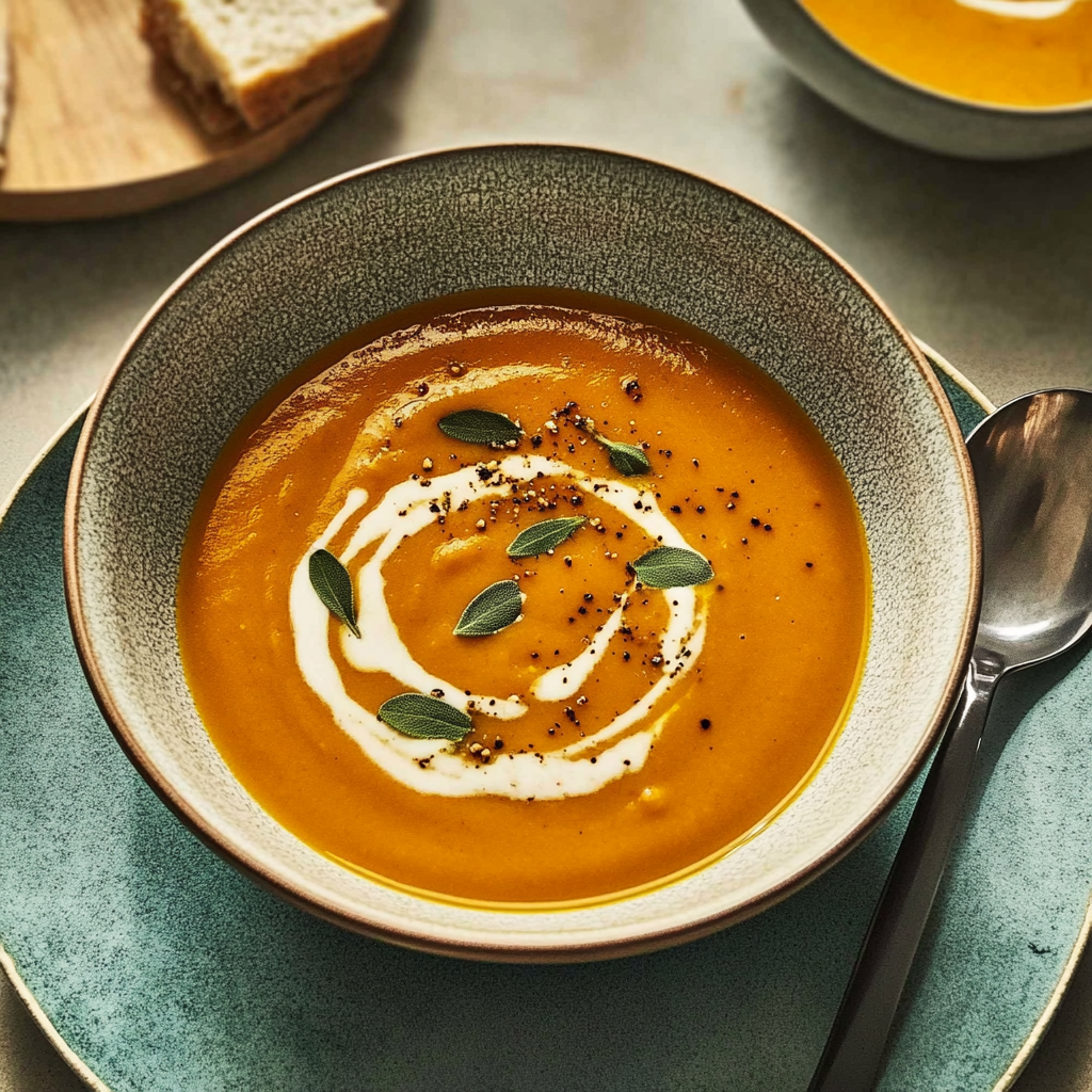 Recipe preparation for pumpkin soup with brown butter and sage