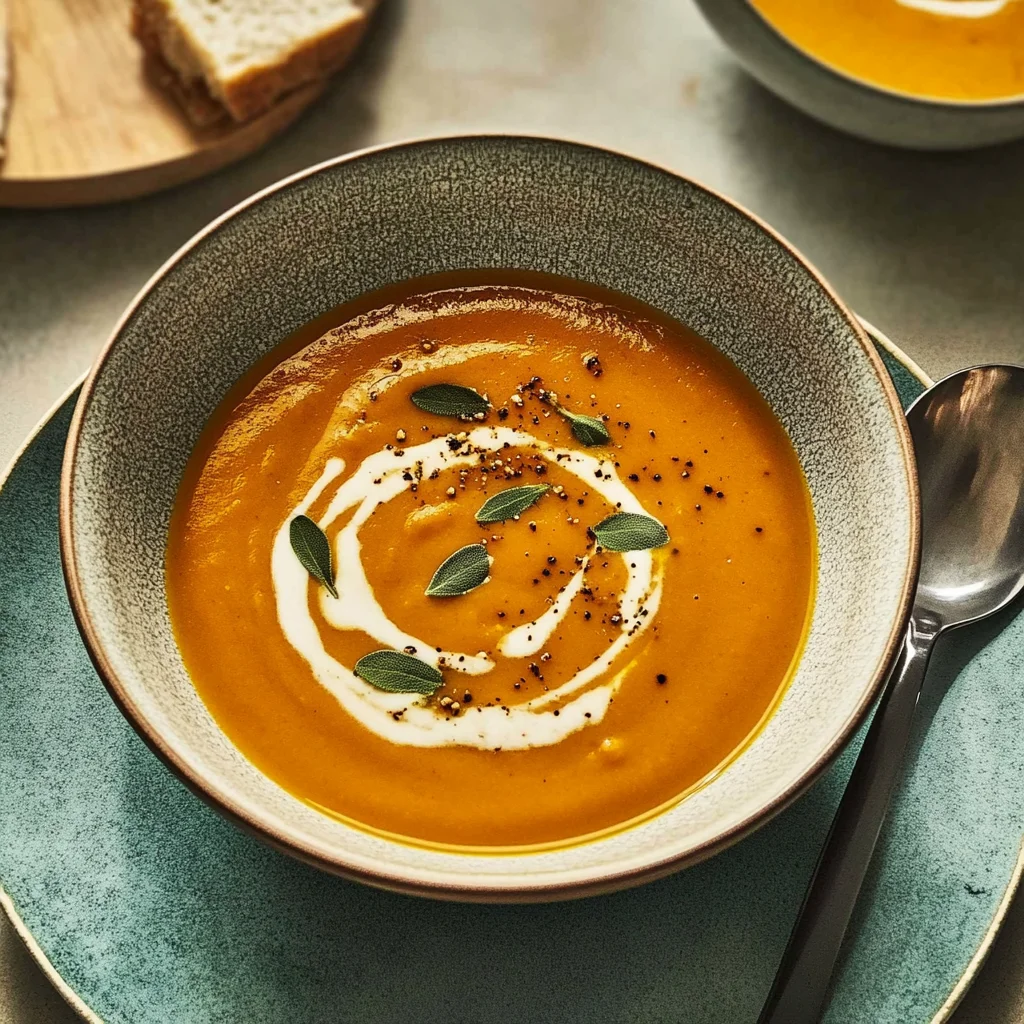 Recipe preparation for pumpkin soup with brown butter and sage
