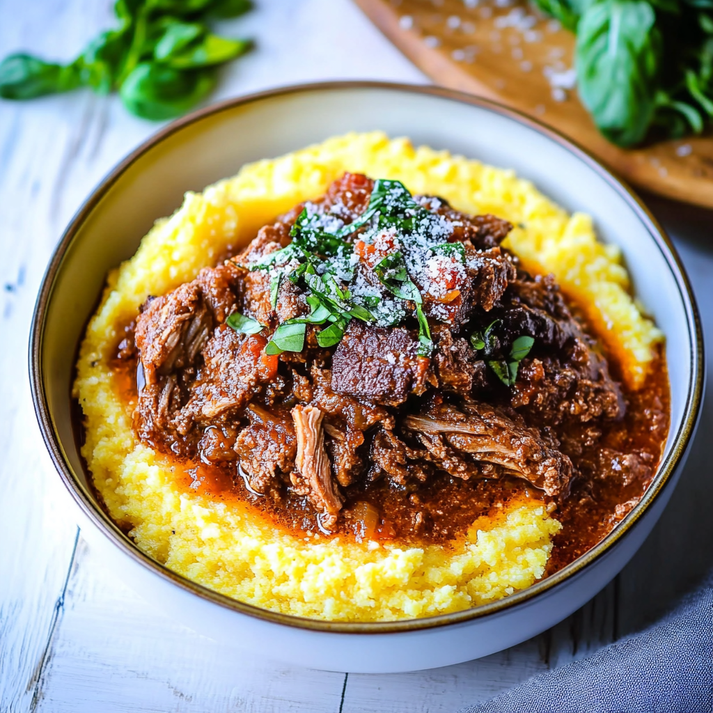 Recipe preparation for Italian Braised Beef Ragu with Parmesan Polenta