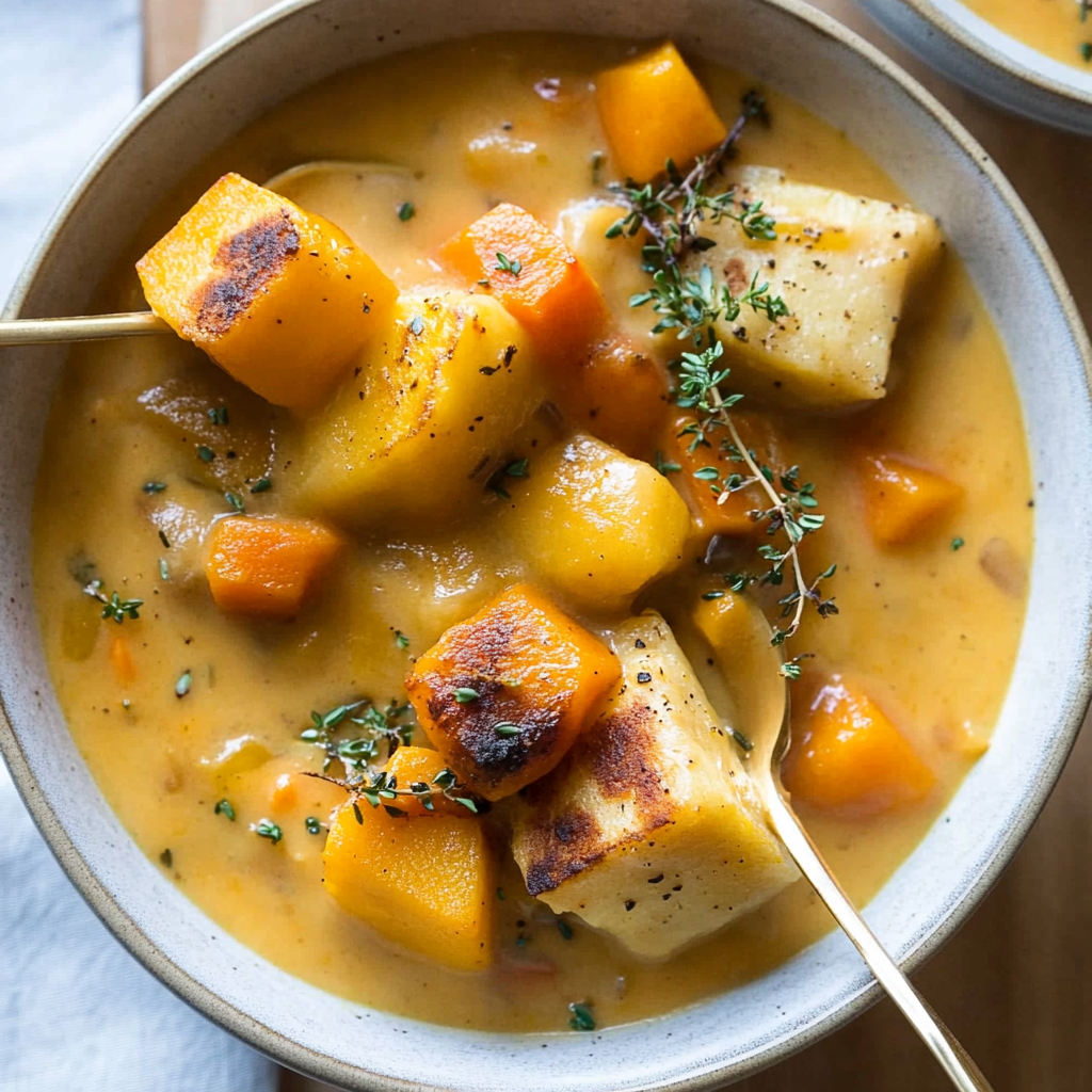 Recipe preparation for Rustic Roasted Winter Vegetable Chowder