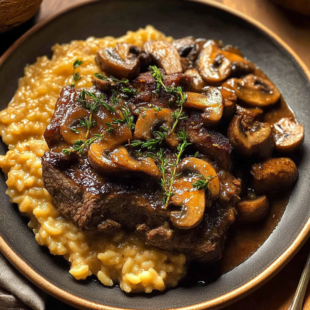 Recipe preparation for Braised Short Rib Risotto with Mushrooms