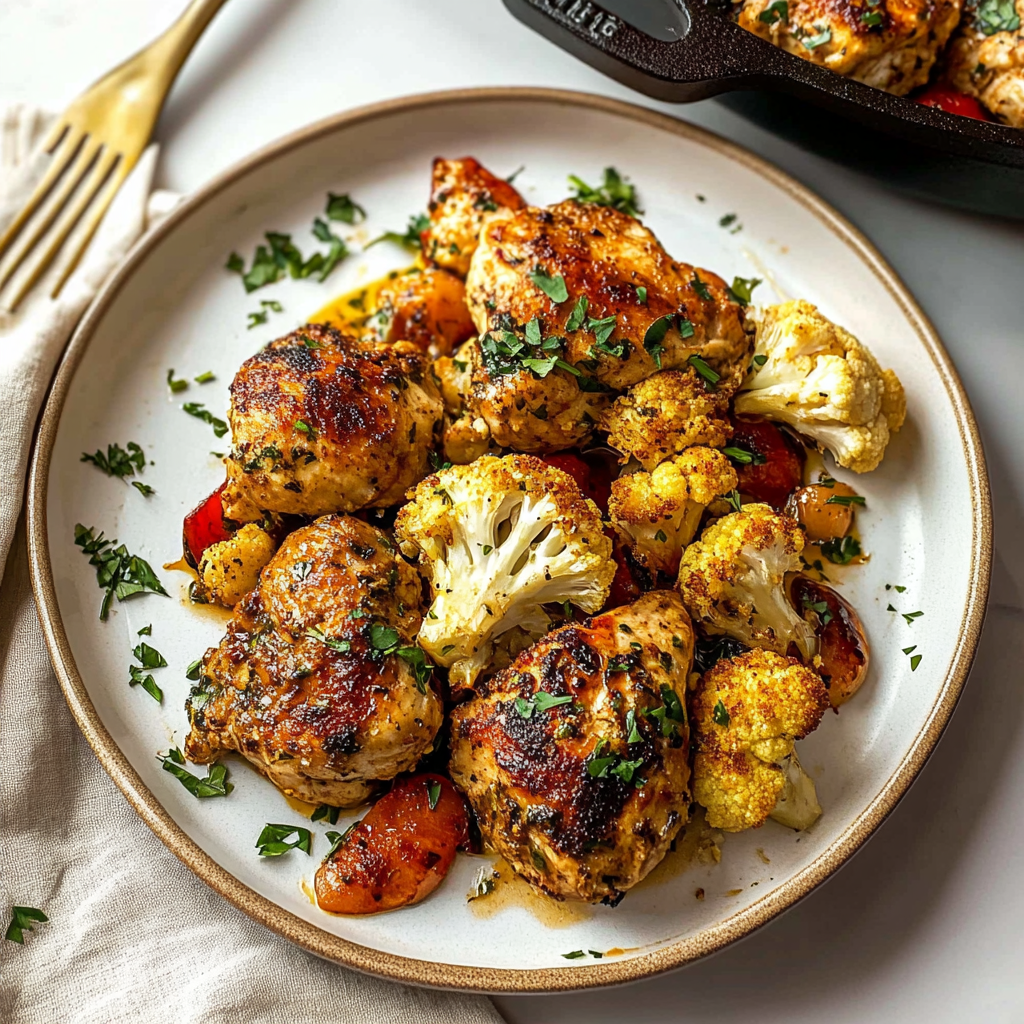 Recipe preparation for Chicken & Cauliflower Sheet Pan Dinner