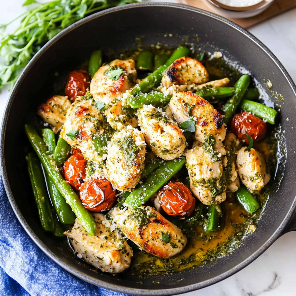 Recipe preparation for Pesto & White Wine Chicken & Veggies
