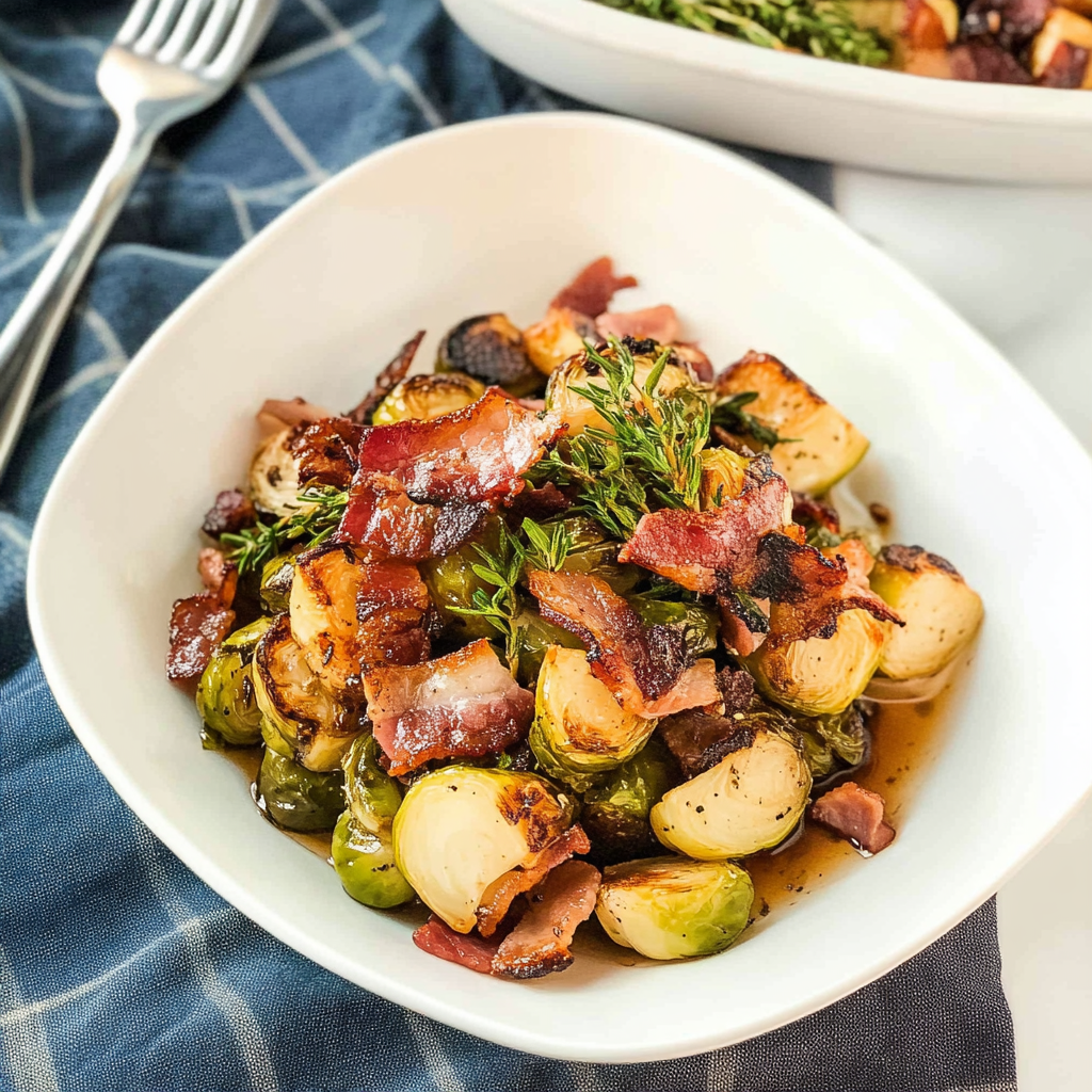 Recipe preparation for Sautéed Brussels Sprouts with Bacon & Apple