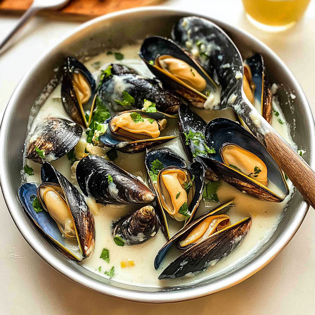 Recipe preparation for Mussels in Garlic Lemon Cream Sauce