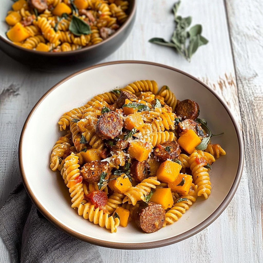 Recipe preparation for Fusilli with Pumpkin and Sausage