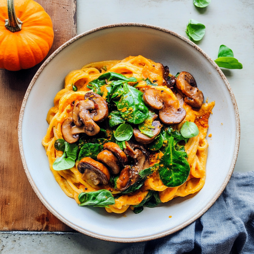 Recipe preparation for Vegan Pumpkin Pasta with Spinach and Mushrooms