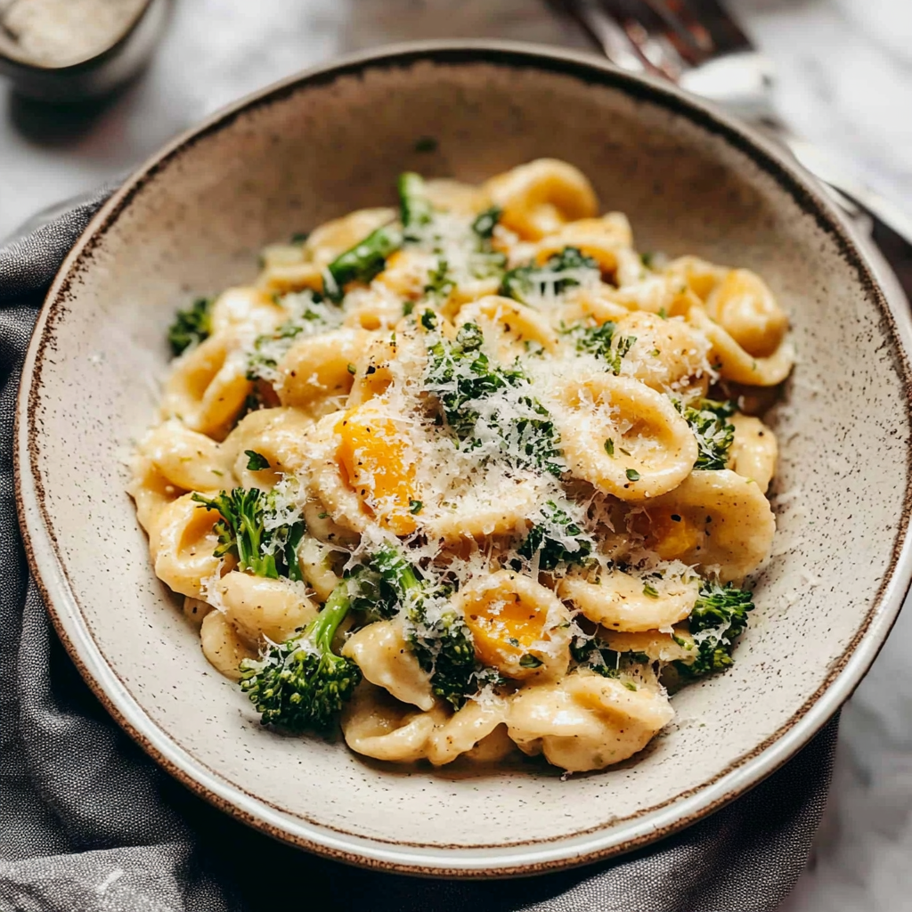 Recipe preparation for Creamy Parmesan Orecchiette with Butternut Squash and Broccolini