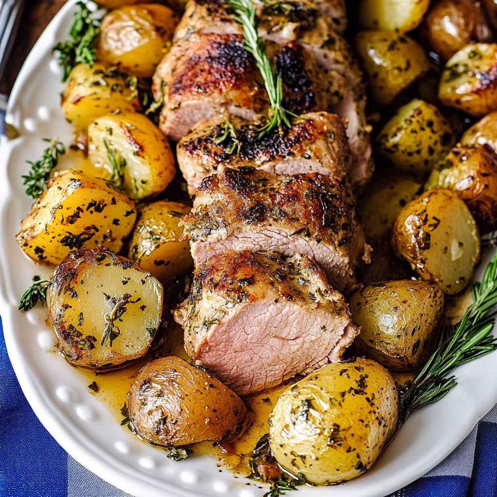 Recipe preparation for Herb roasted pork tenderloin with potatoes