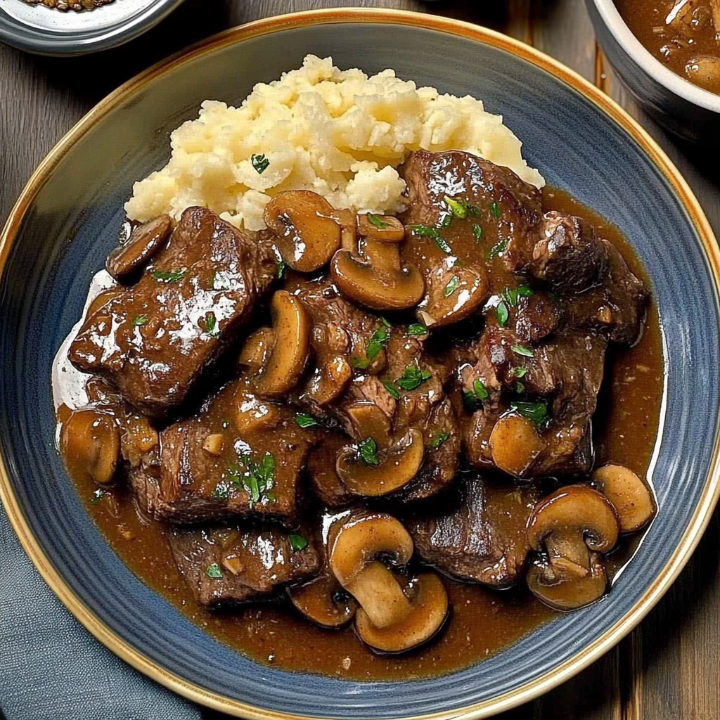 Recipe preparation for Beef Tenderloin Tips in Mushroom Gravy