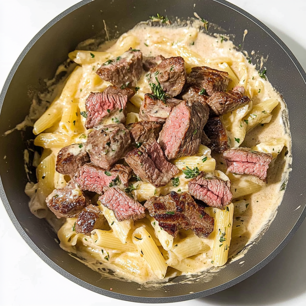 Recipe preparation for Creamy Steak Pasta Whiskey Sauce