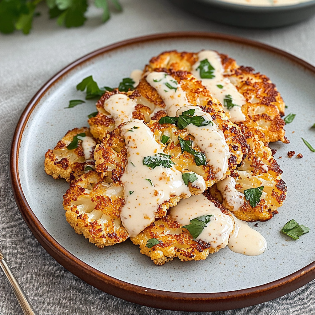 Recipe preparation for Sheet Pan Crispy Cauliflower Steaks with Tahini Glaze