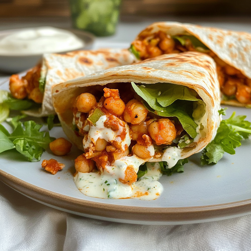 Recipe preparation for Buffalo Chickpea Wraps with Ranch Dressing