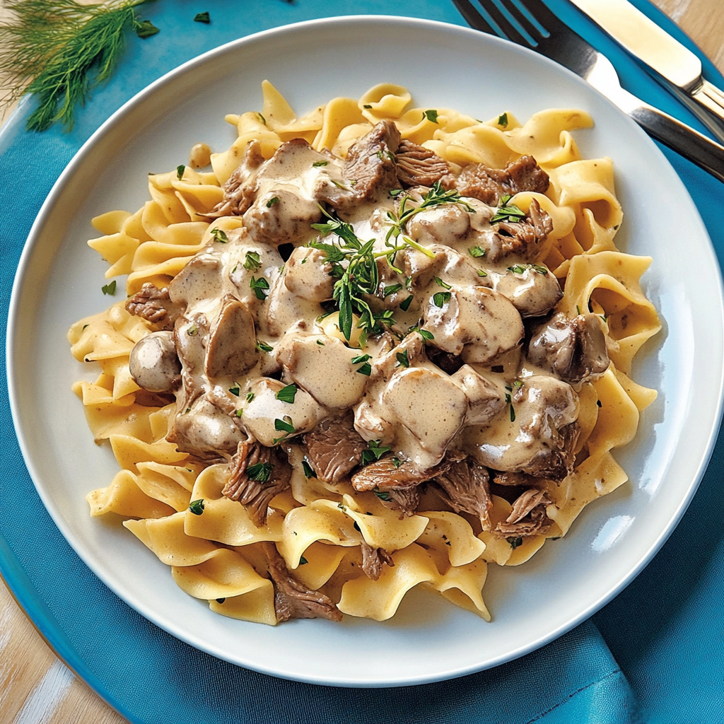Recipe preparation for Beef Stroganoff with Egg Noodles