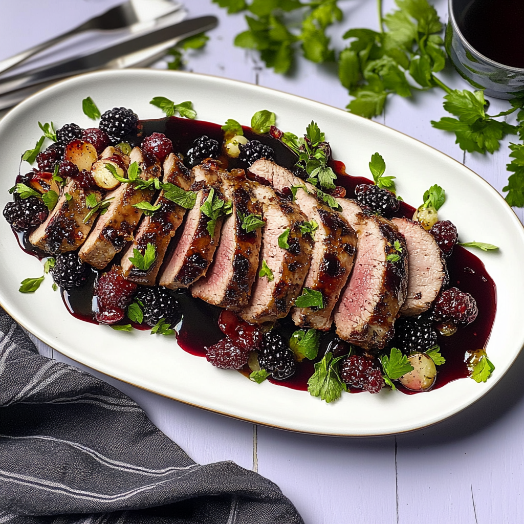 Recipe preparation for Roast Pork Tenderloin with Blackberry Sauce