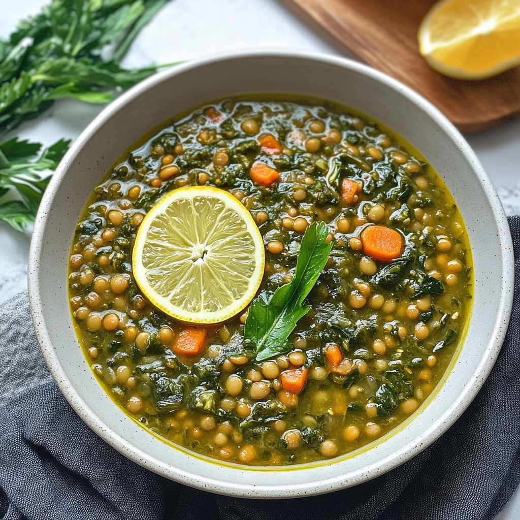 Recipe preparation for Lentil and Spinach Soup with Lemon