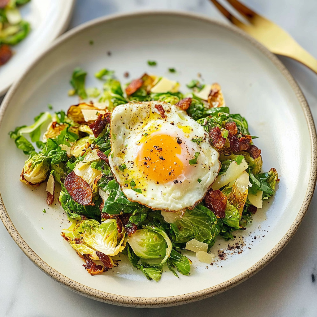 Recipe preparation for Brussels Sprout Hash with Poached Eggs and Parmesan