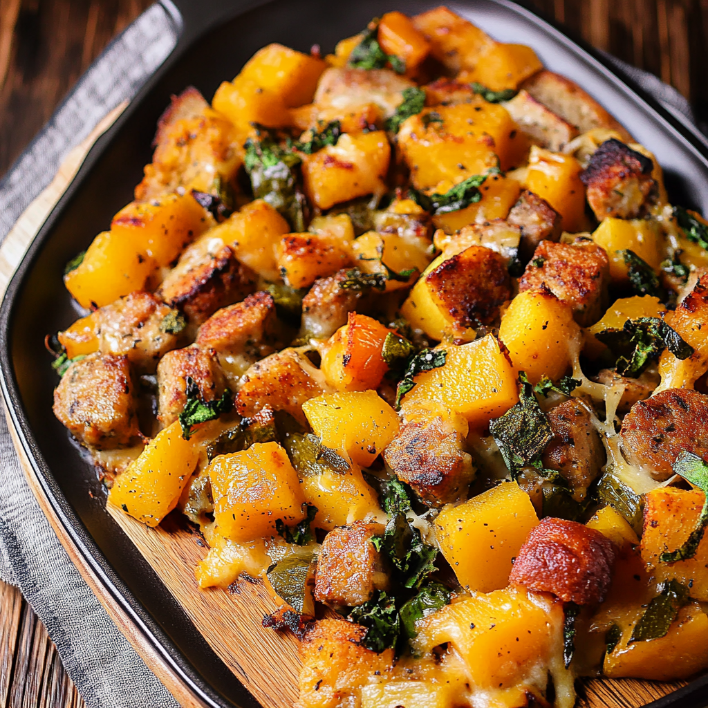 Recipe preparation for Roasted Squash and Sausage Skillet Dinner