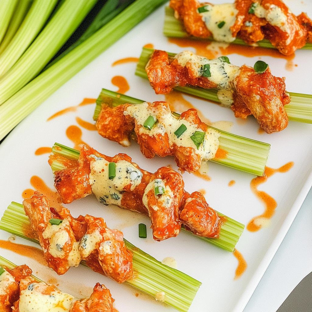 Recipe preparation for Buffalo Chicken Celery Sticks with Blue Cheese