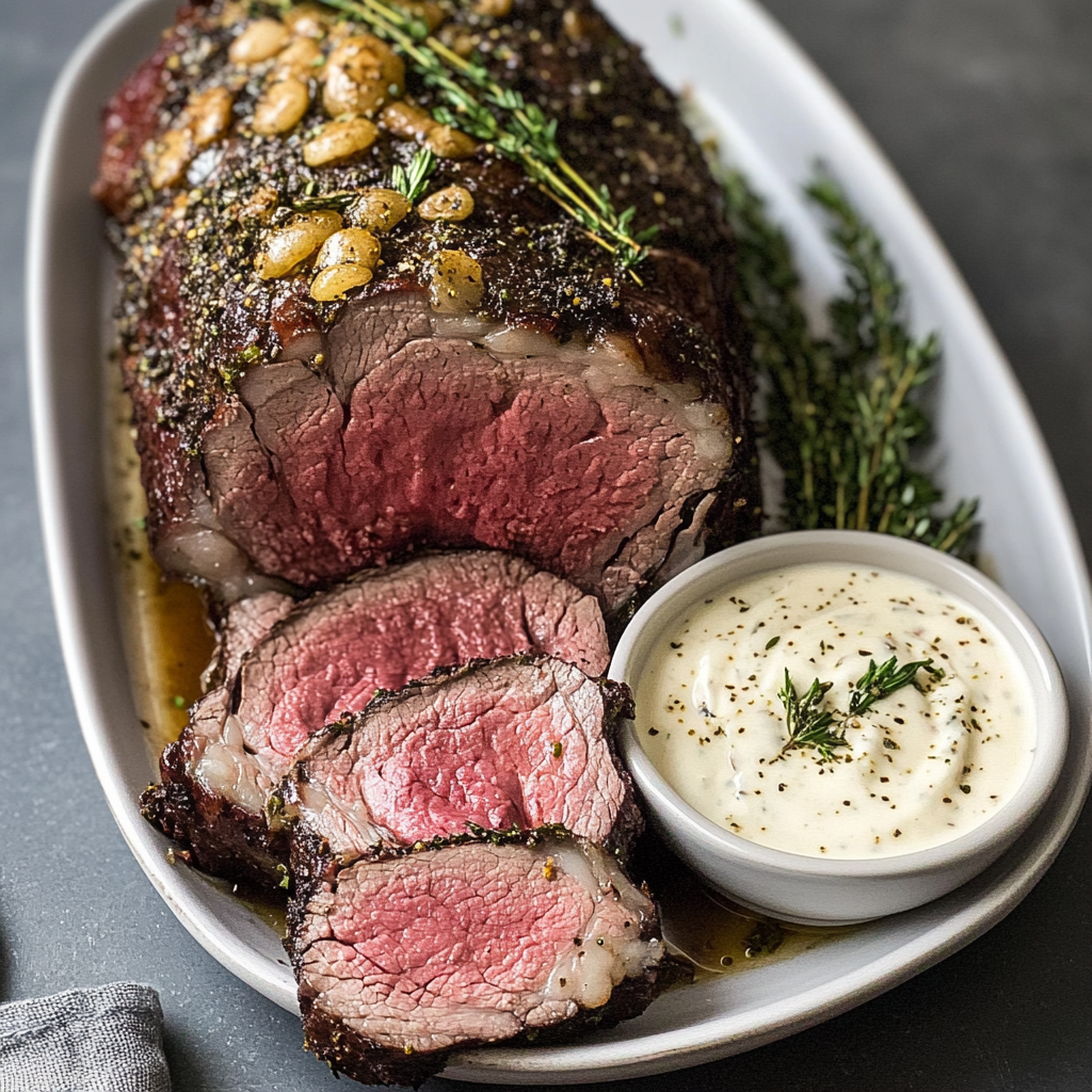 Recipe preparation for Herb-Crusted Prime Rib with Horseradish Sauce