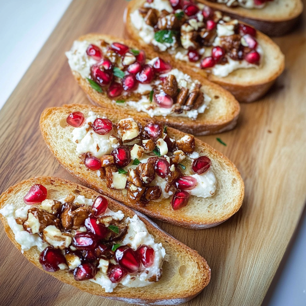 Recipe preparation for Pomegranate and Goat Cheese Toasted Crostini