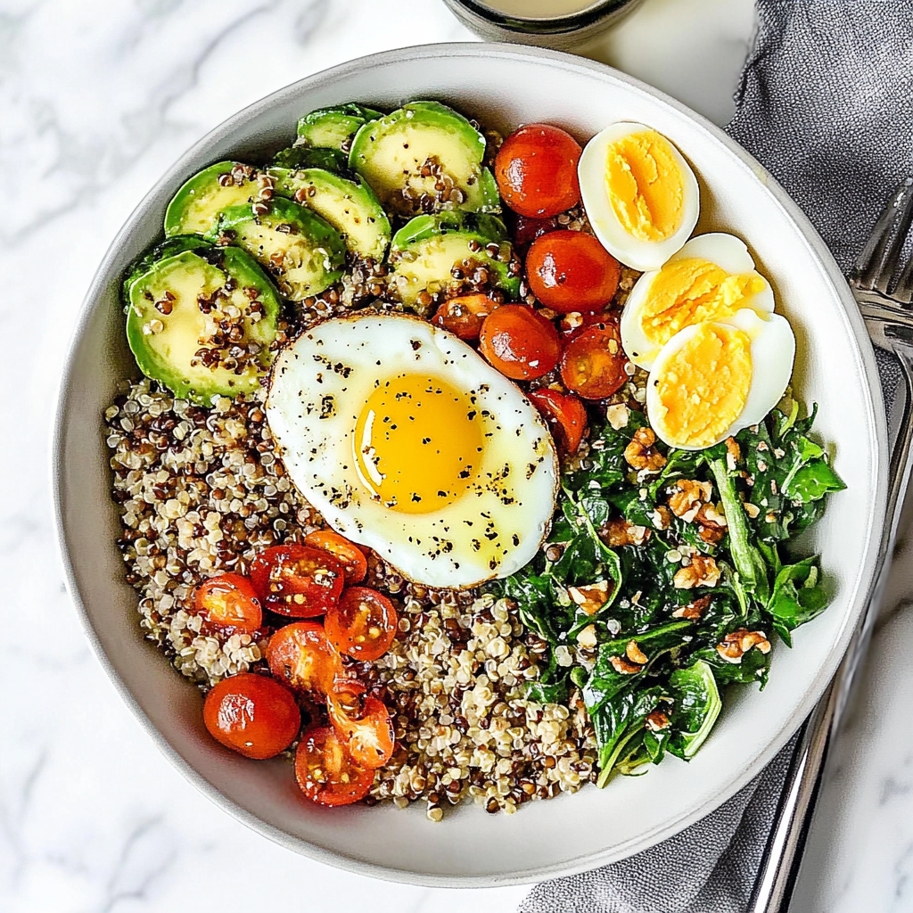 Recipe preparation for Breakfast Grain Bowl with Quinoa, Egg, and Spinach