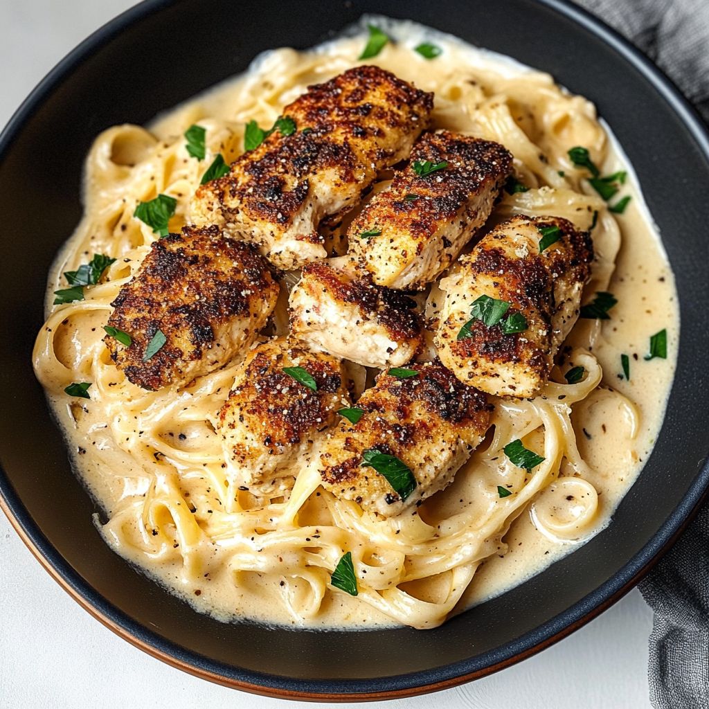 Recipe preparation for Creamy Blackened Chicken Alfredo Pasta