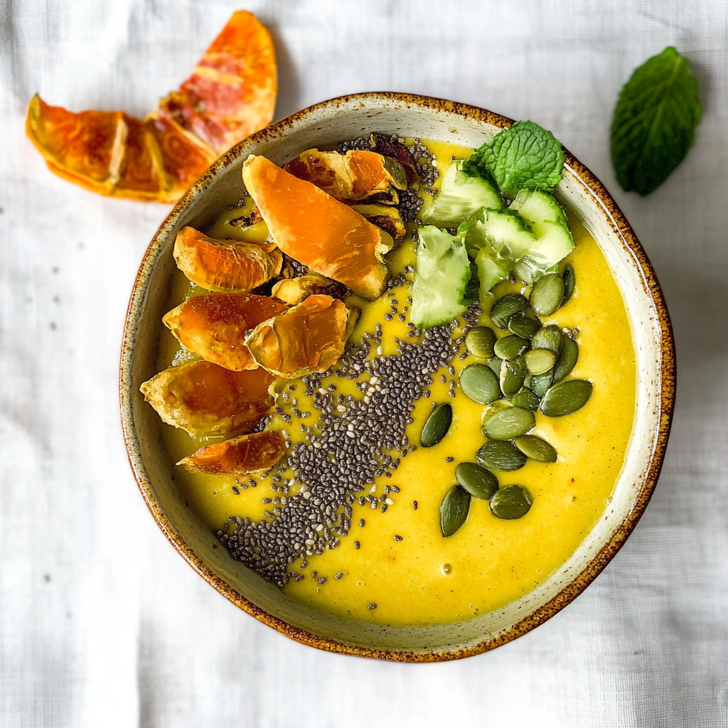 Recipe preparation for Turmeric Ginger Smoothie Bowl with Chia Seeds