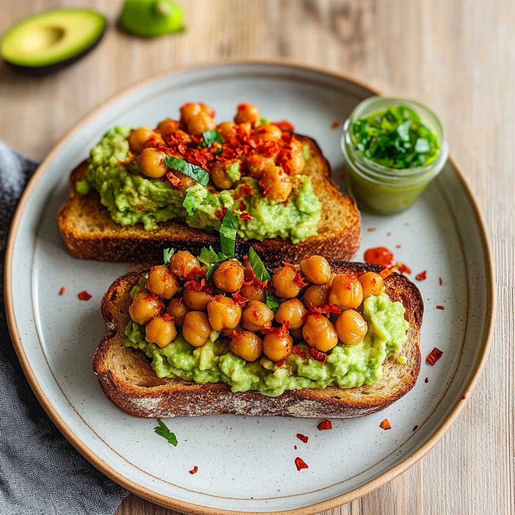 Recipe preparation for Smashed Chickpea and Avocado Toast with Chili Flakes