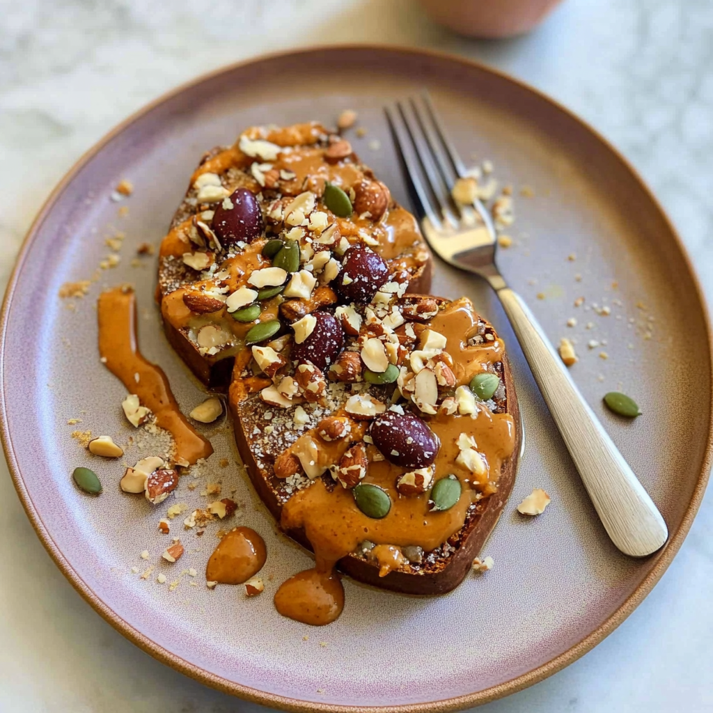 Recipe preparation for Baked Sweet Potato with Nut Butter and Hemp Seeds