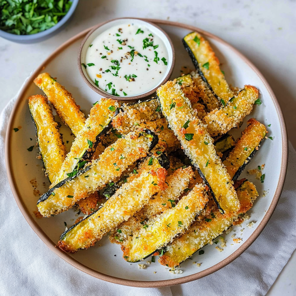 Recipe preparation for Baked Zucchini Fries with Lemon Greek Yogurt Dip