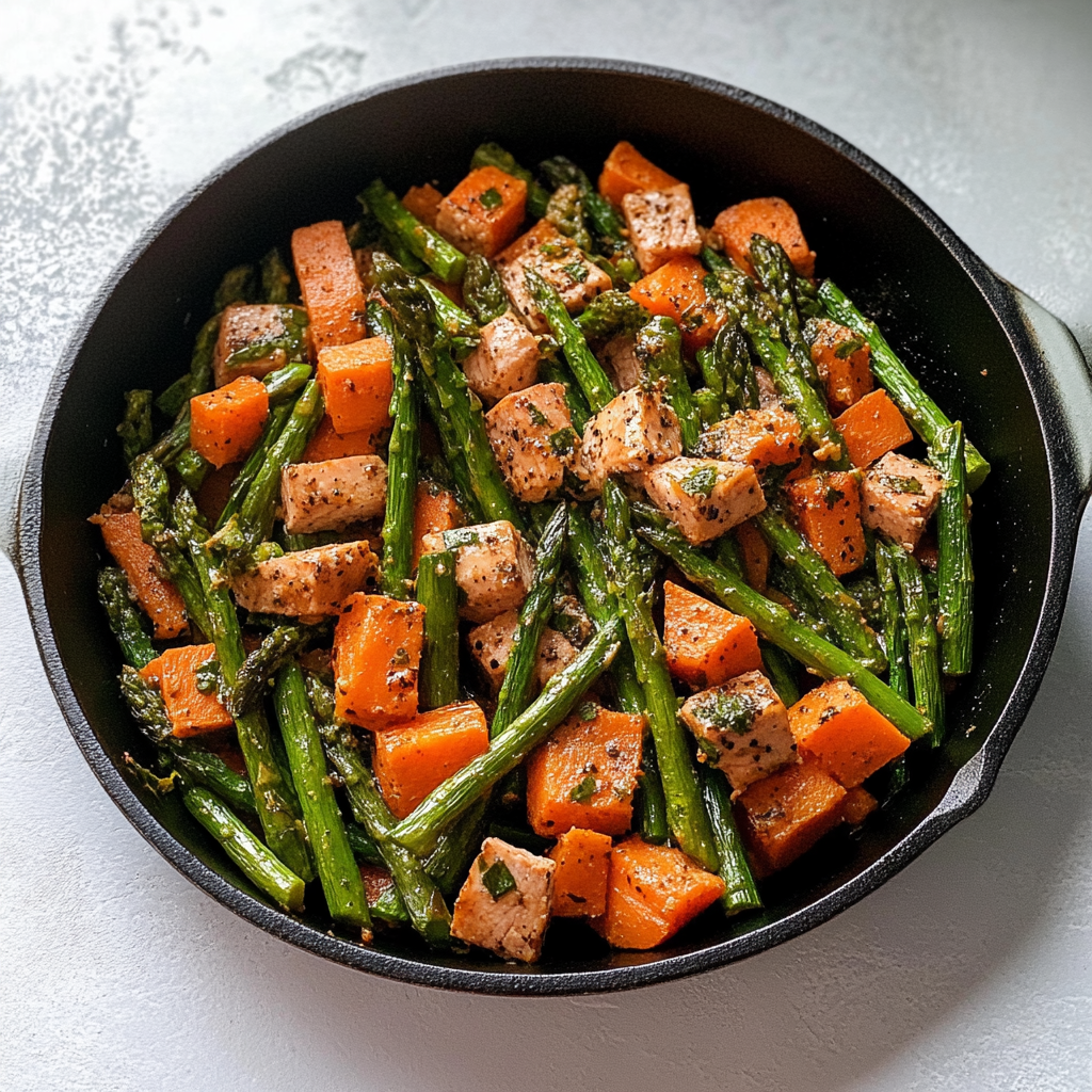 Recipe preparation for Asparagus Sweet Potato Skillet