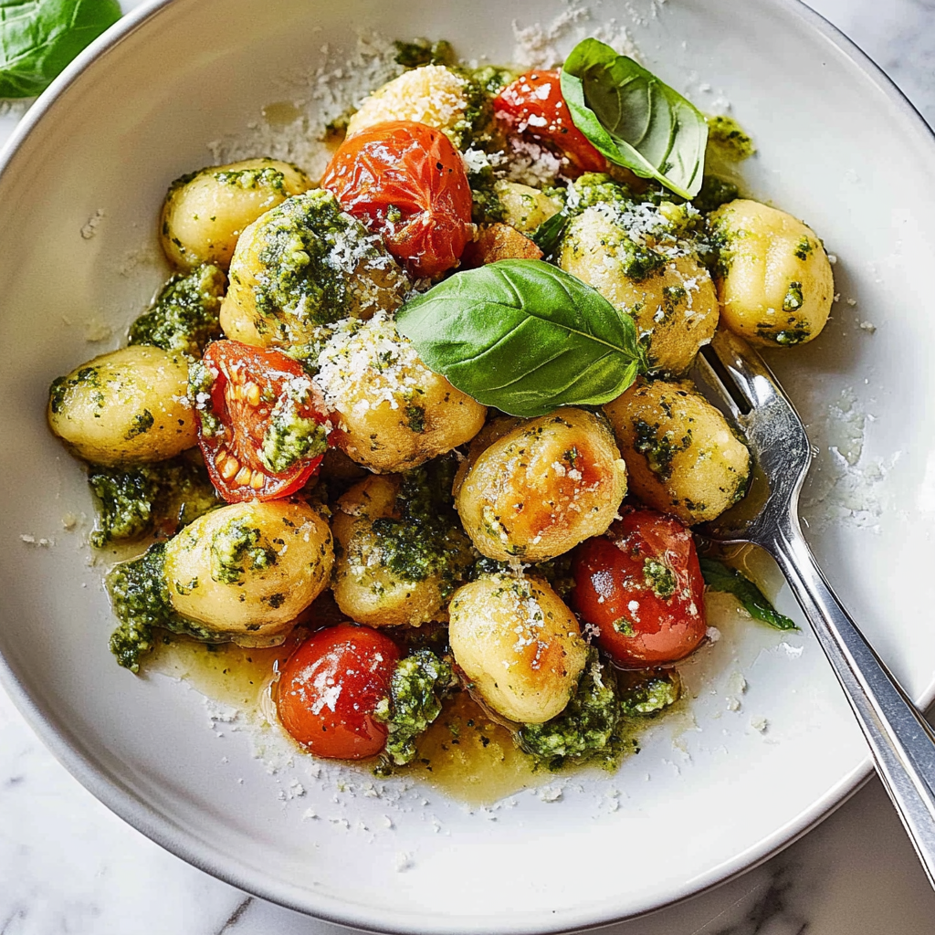 Recipe preparation for Festive Pesto Gnocchi with Cherry Tomatoes