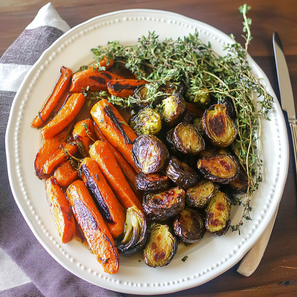 Recipe preparation for Balsamic & Maple Glazed Carrots + Brussels