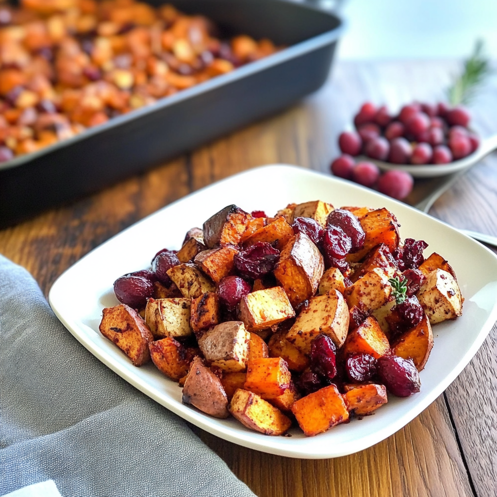 Recipe preparation for Sheet Pan Sweet Potato & Cranberry Bake