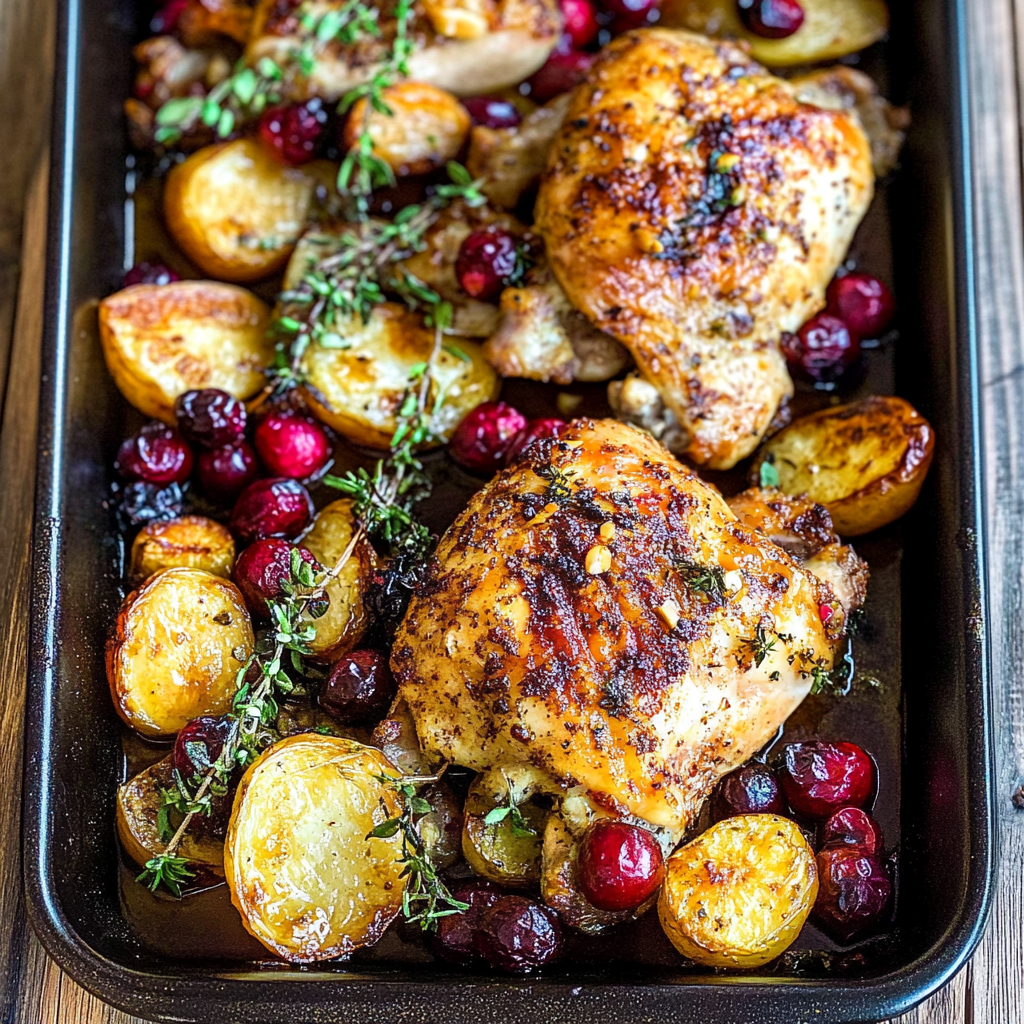 Recipe preparation for Festive Sheet Pan Roasted Chicken + Cranberries