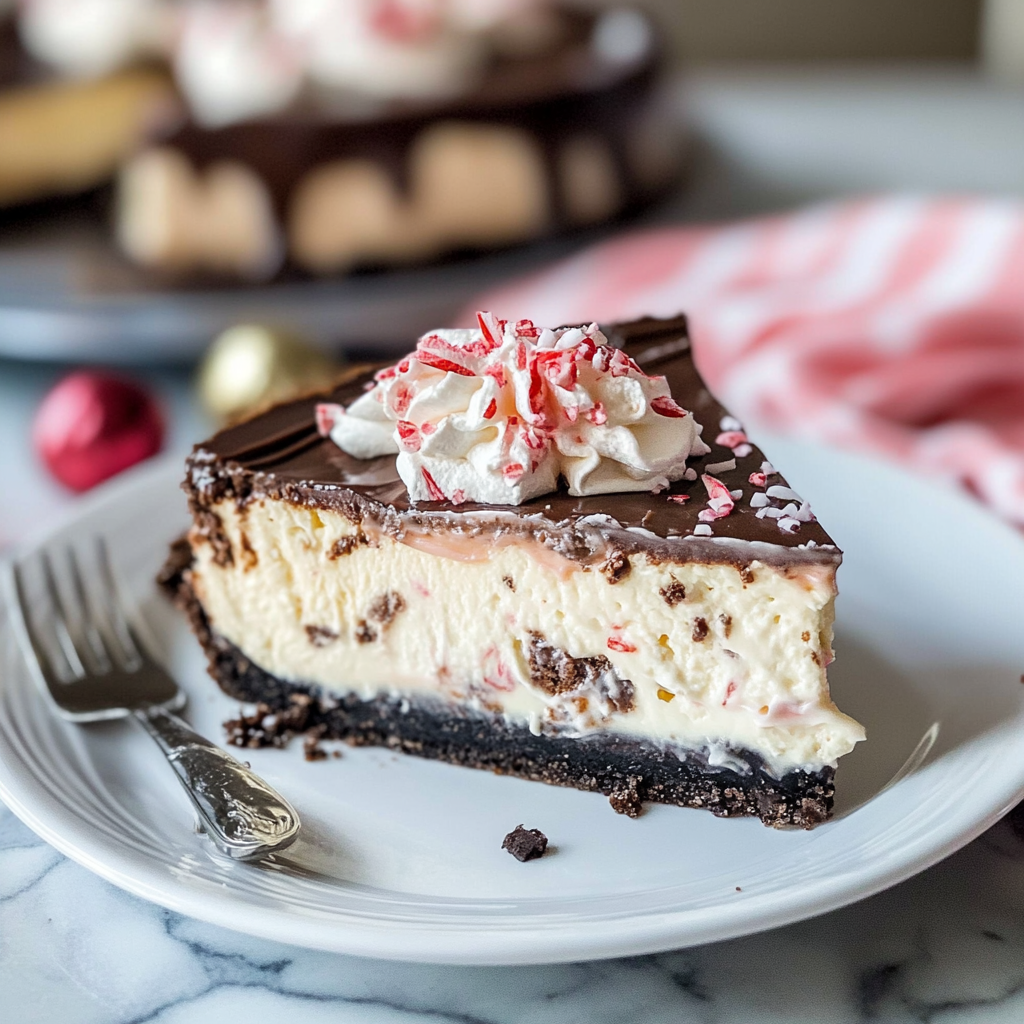 Recipe preparation for Peppermint Bark Cheesecake