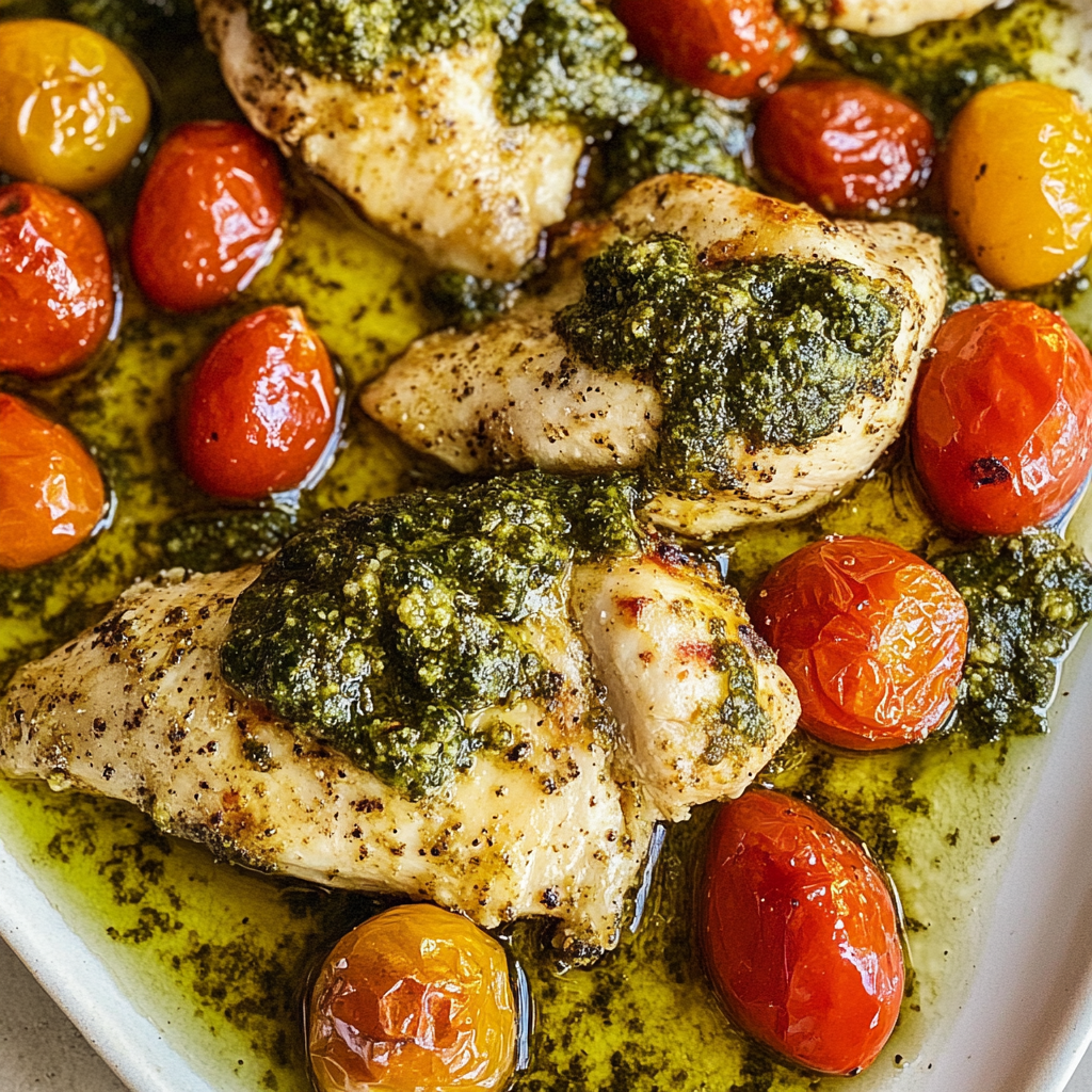 Recipe preparation for Sheet Pan Pesto Chicken and Cherry Tomatoes