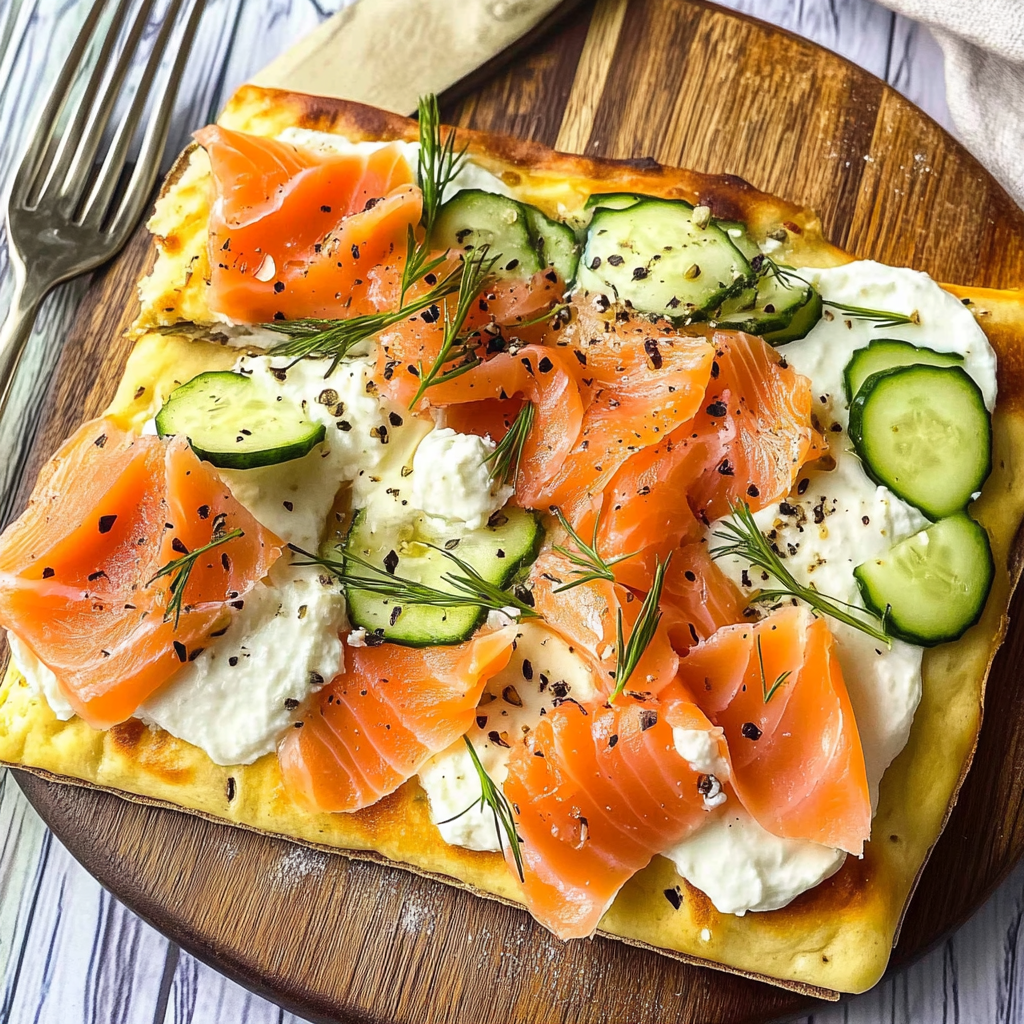 Recipe preparation for Smoked Salmon & Whipped Feta Breakfast Flatbread