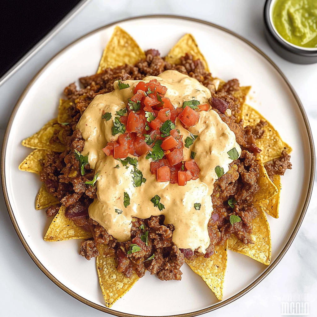 Recipe preparation for Loaded Beef Nachos with Homemade Queso