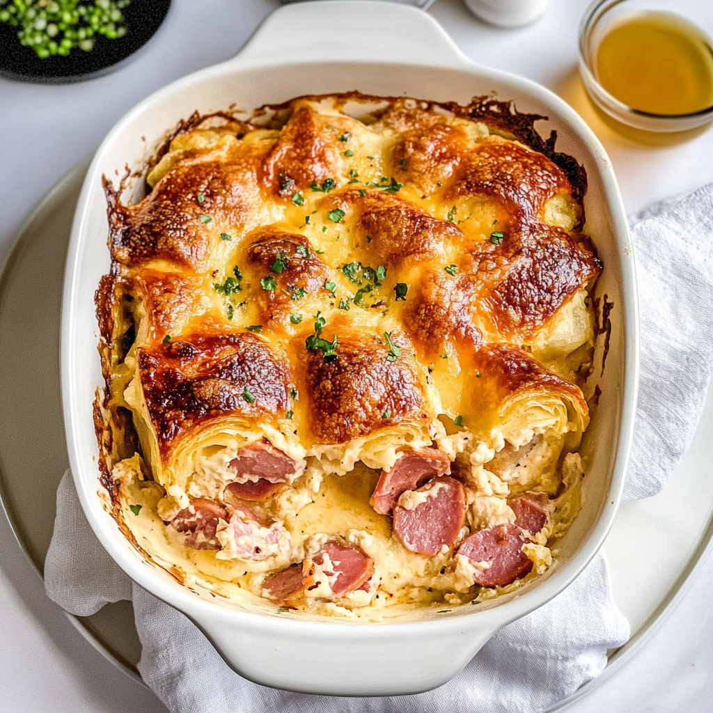 Recipe preparation for Ham and Cheese Croissant Bake