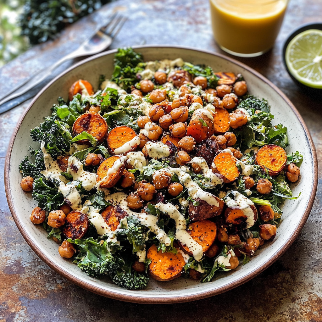 Recipe preparation for Kale Caesar Salad with Sweet Potatoes and Crispy Chickpeas